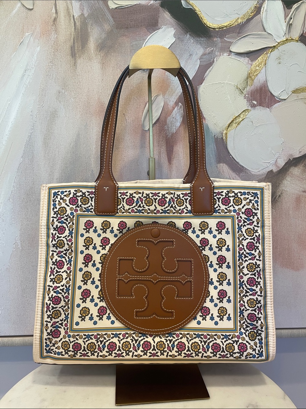 NWOT Tory Burch Ella Floral Canvas Tote with Brown Leather Logo and Handles